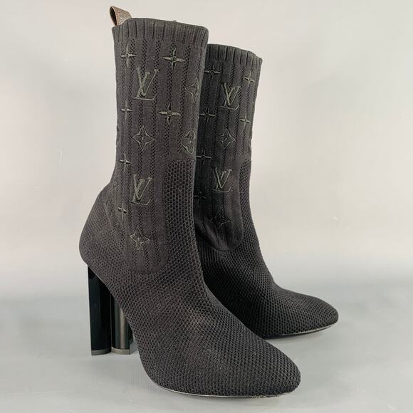 LOUIS VUITTON Size 9 Black Nylon Knit Monogram Chunky Heel Sock Boots - Picture 1 of 9